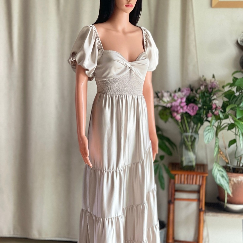 NWOT Free People Sundrenched Silky Ivory Smocked Tiered Maxi Dress Regencycore S